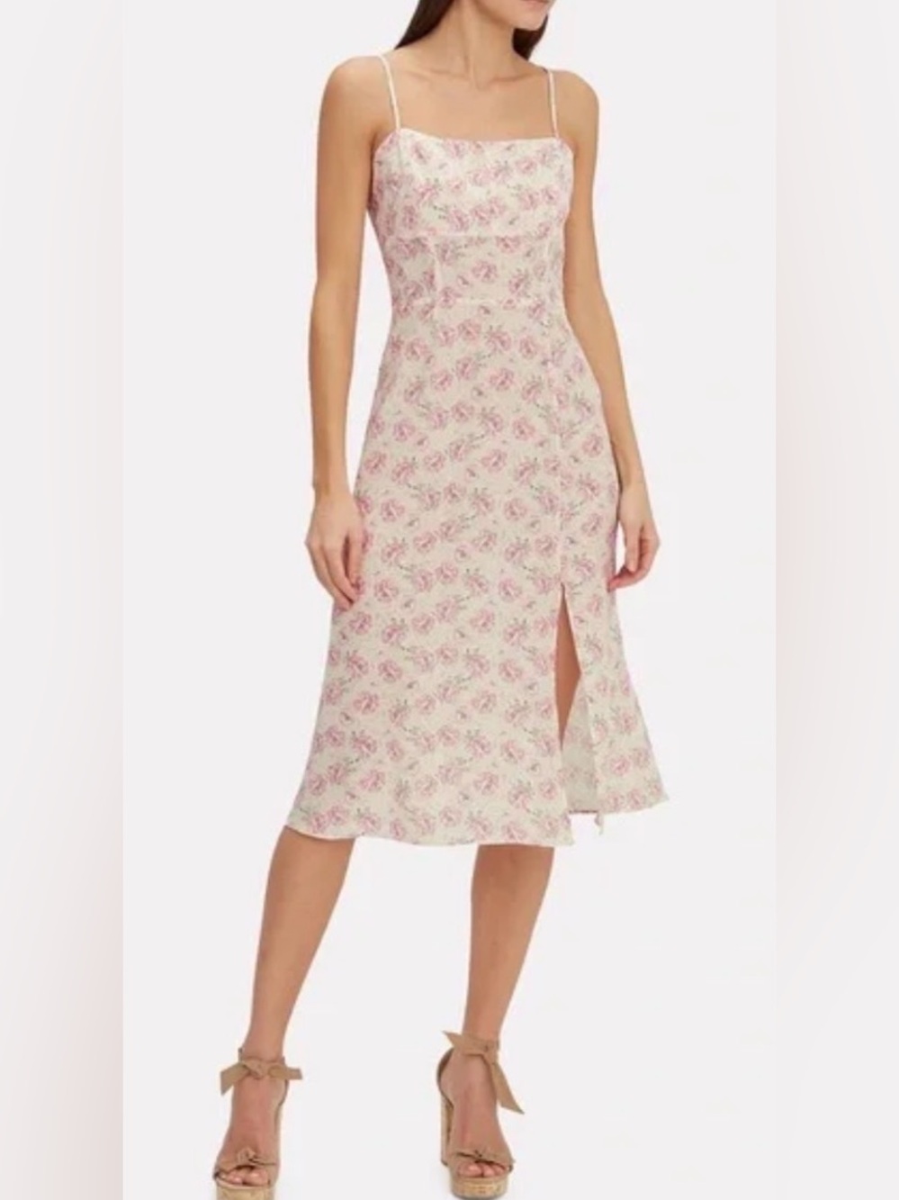 Intermix 100% Silk Cream Floral Slip Midi Dress